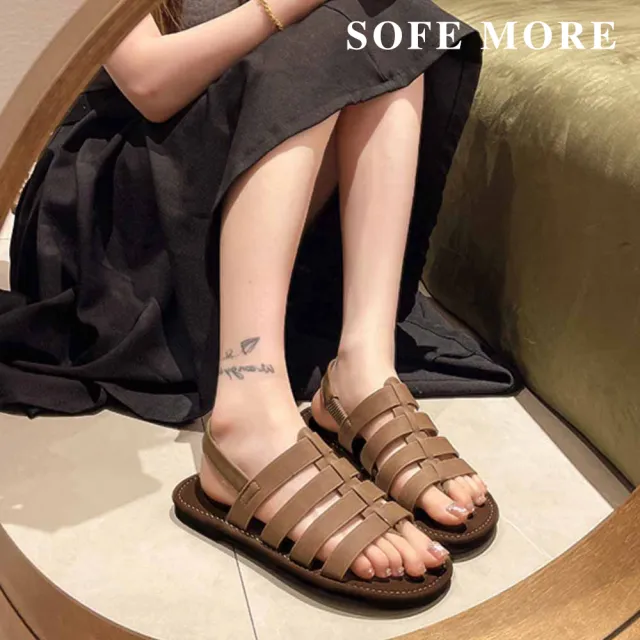 【SOFE MORE】超軟鞋底防滑羅馬涼鞋 彈性後跟調節 多條帶復古百搭夾腳拖鞋 防滑耐磨平底拖鞋(羅馬涼鞋)