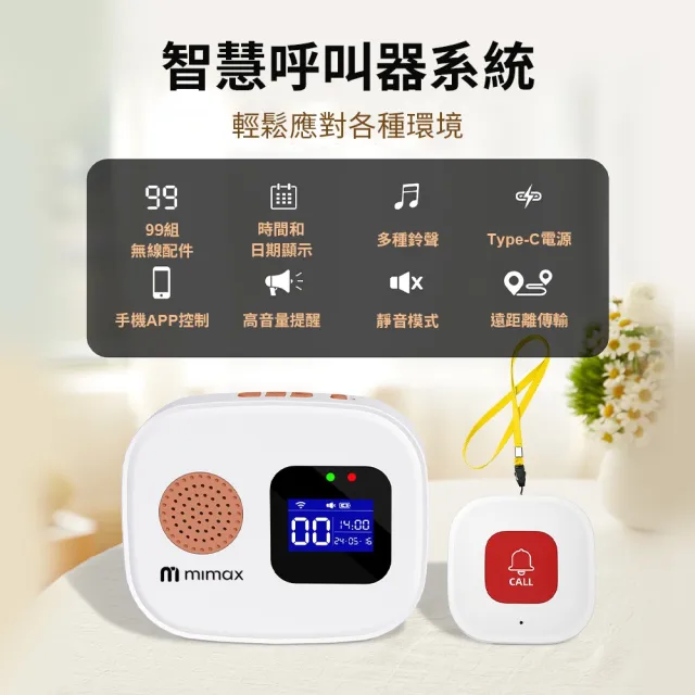 【mimax 米覓】智能呼叫器 一拖一(警報器 求救鈴 呼叫器 居家警報器 感應器 門鈴 看護鈴 手機APP控制)
