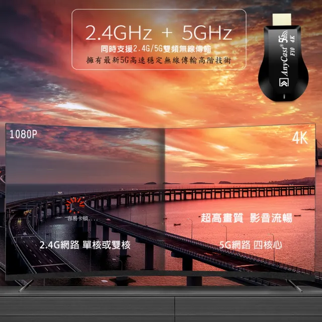 【DW 達微科技】第十代F10四核心AnyCast-4K款 雙頻5G全自動無線影音電視棒(附4大好禮)
