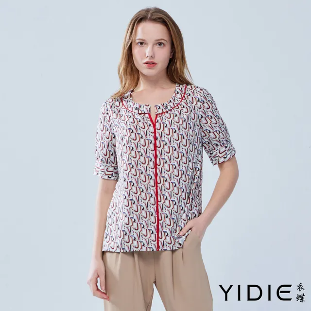 【YIDIE 衣蝶】跳色字母印花雪紡上衣-米