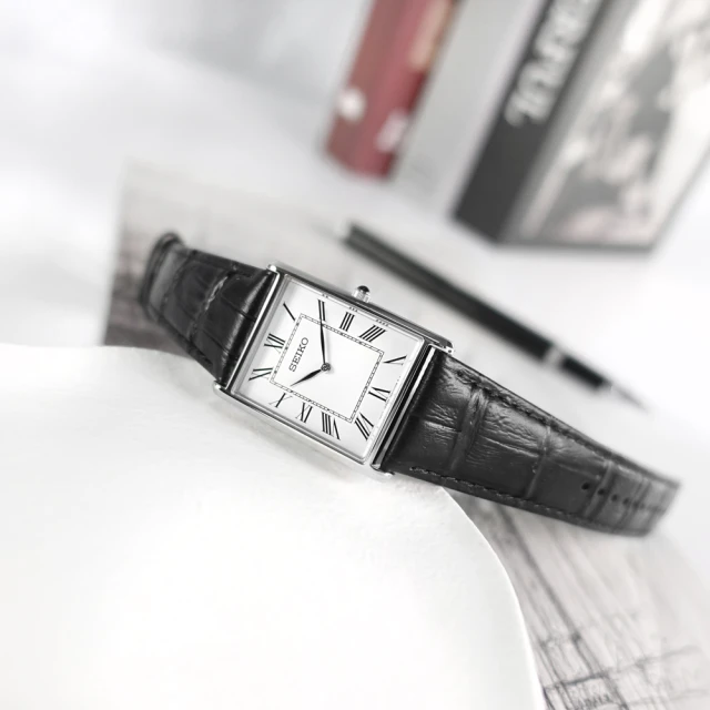 SEIKO 精工 復古方形 簡約紳士 日本機芯 壓紋真皮手錶 白x銀框x黑 28mm(SWR049P1)