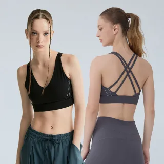 【YUANDONGLI 元動力】-O 美背雙帶交叉V領造型虛線BRA TOP(兩色；S-M；4222253703)