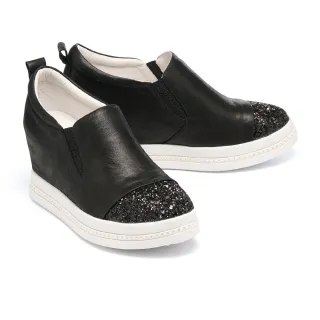 【MELROSE】美樂斯 精緻閃亮金蔥拼接金屬羊皮內增高厚底休閒鞋(黑)