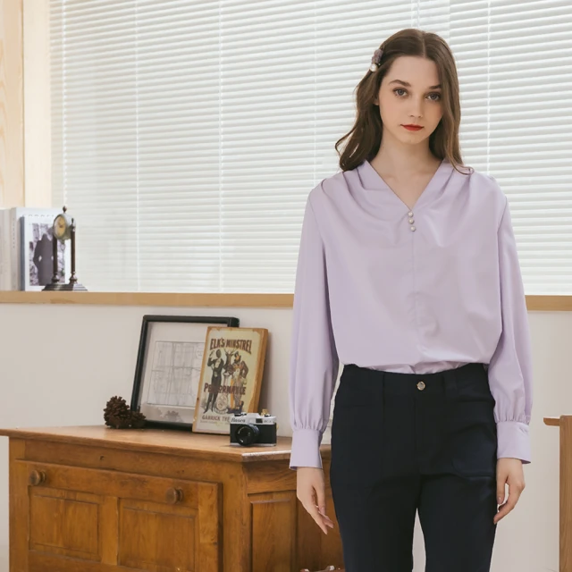 CUMAR V領氣質抓折長袖上衣(白 紫)好評推薦