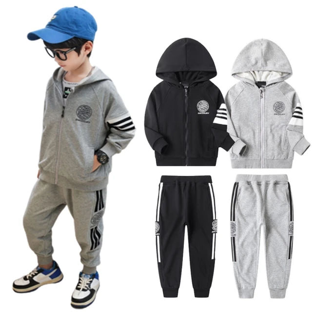 橘魔法橘魔法 街頭圓印條紋插肩套裝(大童 長袖 長褲 褲子 連帽外套 薄外套 男童 兒童 童裝)