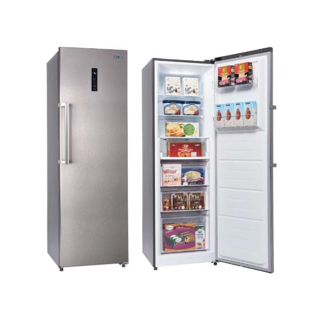 SAMPO聲寶 SRF-285FD 285L 單門冰箱，採用變頻馬達，耗電量僅288度，環保R600a冷媒，適合小型家庭使用。尺寸600*1850*710mm，重量70kg，左開門設計，110V/60Hz電壓。無能源效率標章，全機1年保固，壓縮機3年保固，含基本安裝服務，BSMI許可依外箱。