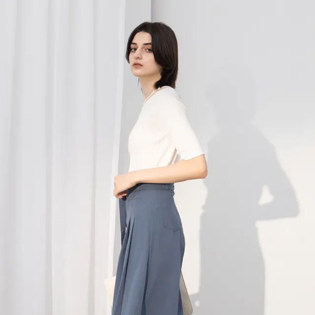 【MASTINA】造型領口短袖針織衫(藍 白)