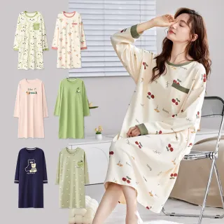 【PINK LADY】多款可挑 罩杯式 棉質連身睡裙 印花寬版 秋冬長袖睡衣 居家服(女睡衣/保暖/襯墊/免穿內衣)