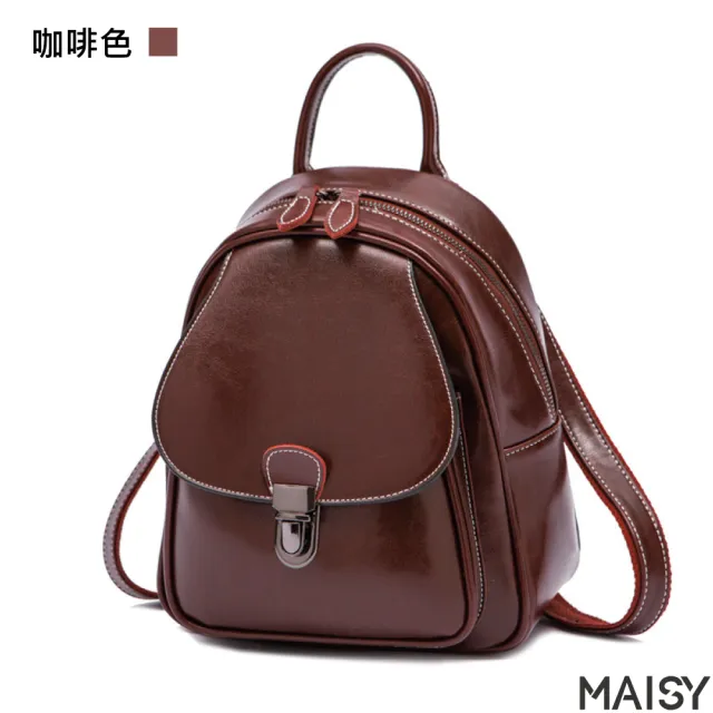 【MAISY】真皮 復古油蠟牛皮後背包(真皮包包 現+預 綠色／黑色／土黃色／咖啡色)