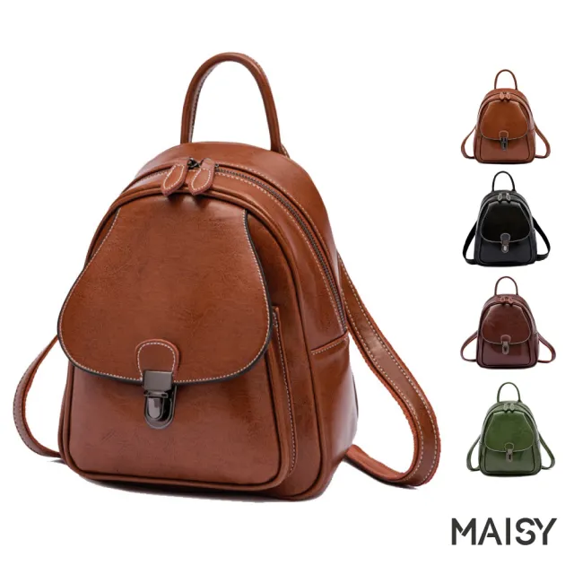 【MAISY】真皮 復古油蠟牛皮後背包(真皮包包 現+預 綠色／黑色／土黃色／咖啡色)