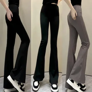 【D.studio】韓版垂感高腰顯瘦喇叭緊身褲(鯊魚褲喇叭褲寬褲褲子長褲休閒褲女裝高腰褲拖地褲黑褲 P243)