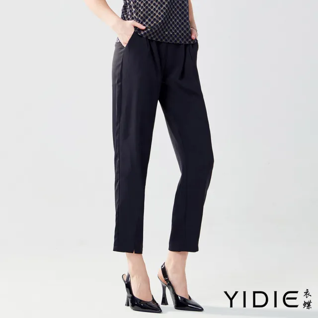 【YIDIE 衣蝶】素色造型鬆緊腰九分褲-黑