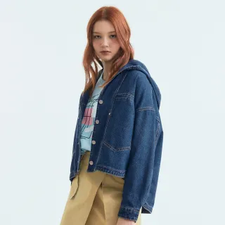 【OUWEY 歐薇】大落肩翻領牛仔連帽短版外套(藍色；S-L；3233248404)