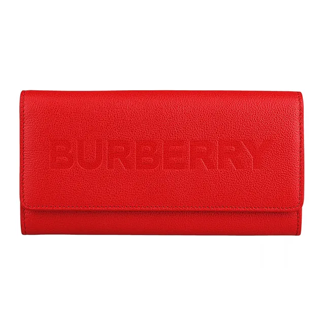 【BURBERRY 巴寶莉】BURBERRY Porter壓印LOGO牛皮12卡翻蓋壓釦式長夾(紅)