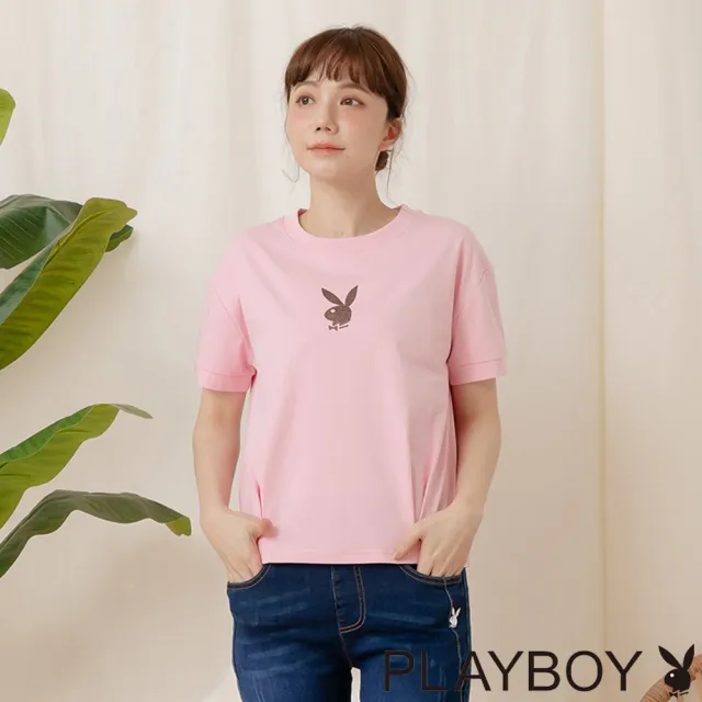 【PLAYBOY】燙粉側邊打褶涼感T-SHIRT(桃粉色)