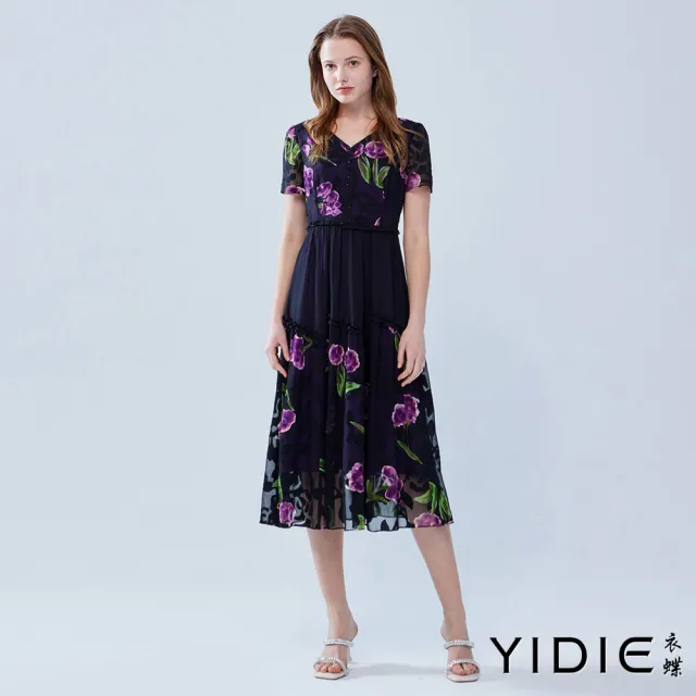 【YIDIE 衣蝶】立體花卉荷葉邊傘擺長洋裝-黑