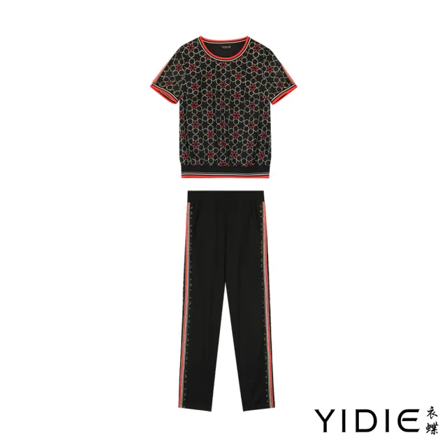 【YIDIE 衣蝶】六角星刺繡水鑽織帶長褲套裝-黑(上下身分開販售)