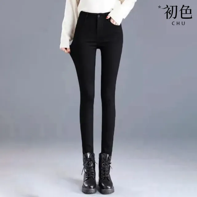 【初色】純色高腰牛仔褲加絨加厚保暖緊身彈力小腳鉛筆褲休閒褲長褲-共4色-39320(M-4XL可選)