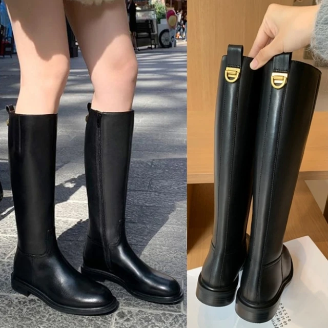 baibeauty 白鳥麗子baibeauty 白鳥麗子 顯瘦素面皮革金屬拉環側拉鏈圓頭低跟長靴(馬靴)