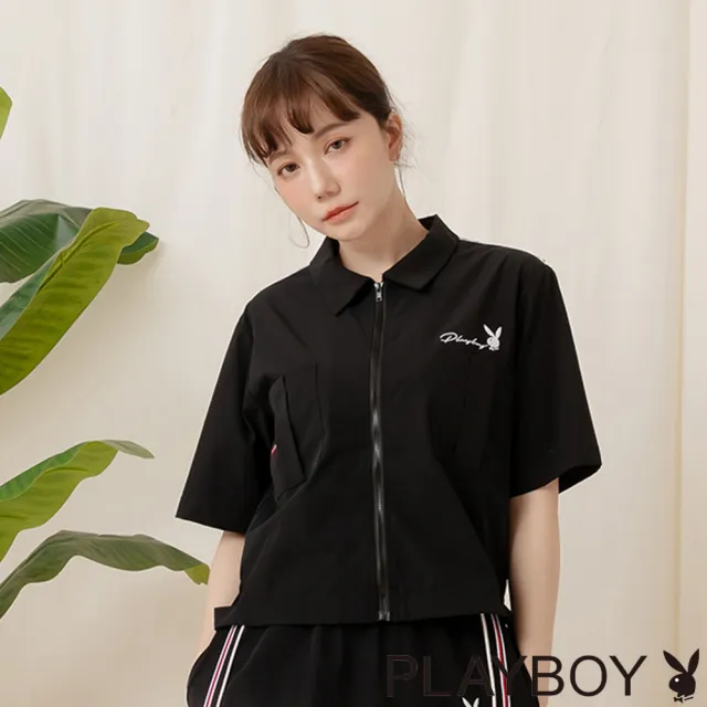 【PLAYBOY】短版造型下擺工裝外套(黑色)