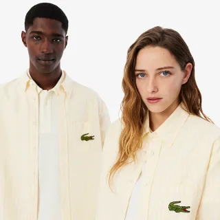 【LACOSTE】中性款-寬鬆版型條紋牛津長袖襯衫(淡黃條紋)