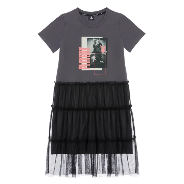 【PLAYBOY】煙灰色拼接網紗長洋裝(煙灰色)