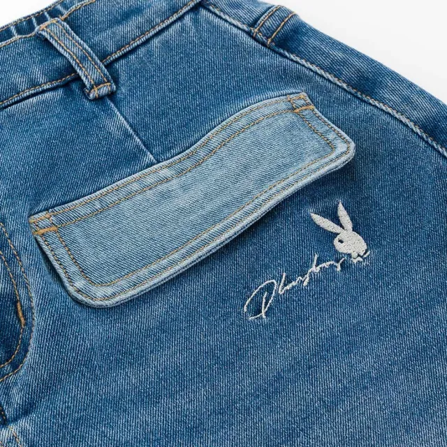 【PLAYBOY】撞色袋邊刷色丹寧褲裙(牛仔藍)