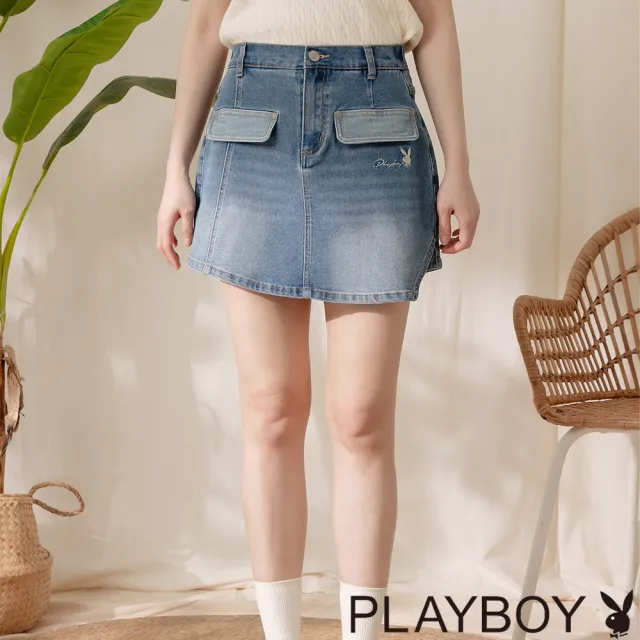 【PLAYBOY】撞色袋邊刷色丹寧褲裙(牛仔藍)