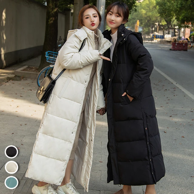初色 韓版休閒寬鬆長款加厚保暖連帽螺紋長袖羽絨棉外套女外套-