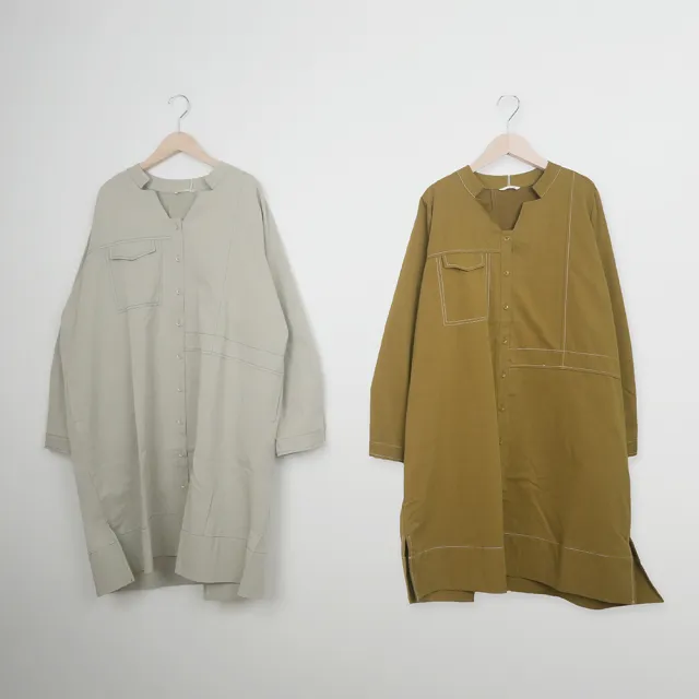 【MOSS CLUB】造型缺口V領大抓褶撞色車線長袖洋裝(卡 黃)