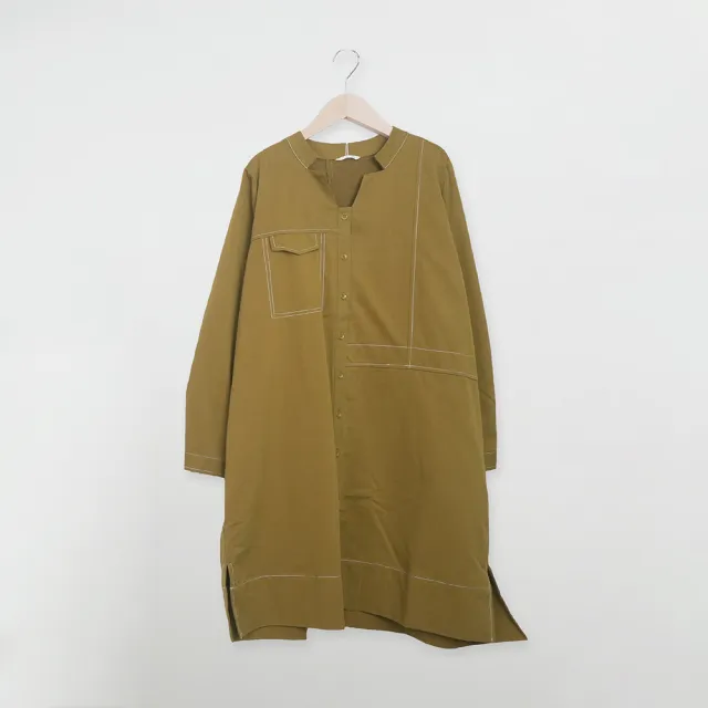 【MOSS CLUB】造型缺口V領大抓褶撞色車線長袖洋裝(卡 黃)