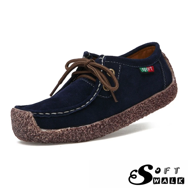 SOFT WALK 舒步SOFT WALK 舒步 真皮平底綁帶舒適絨面休閒蝸牛鞋(藏青)