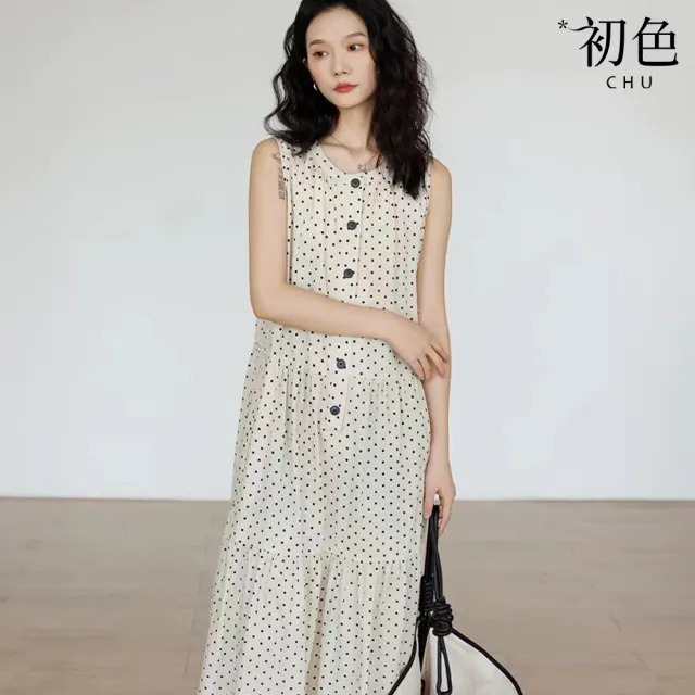 【初色】慵懶風寬鬆圓點印花圓領無袖A字裙中長裙連衣裙連身洋裝-白底圓點-10109(M-2XL可選)