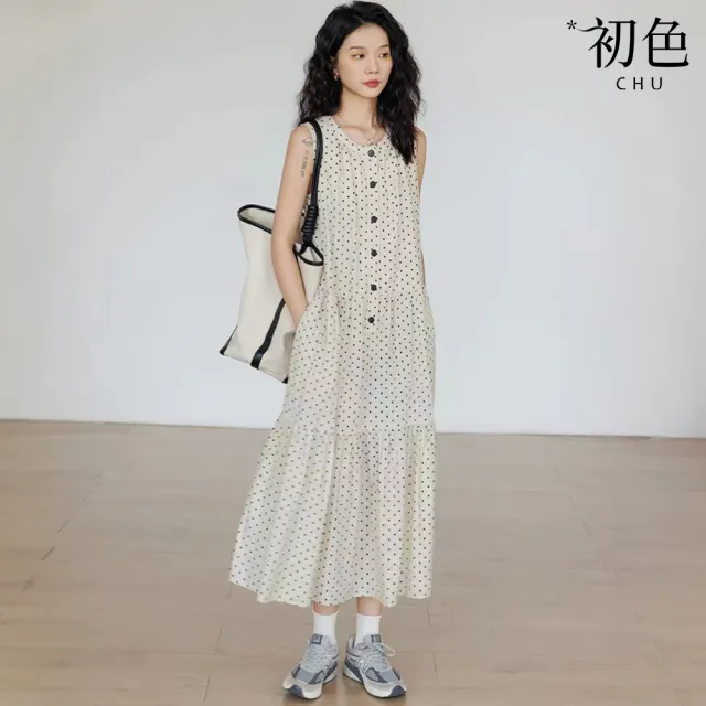 【初色】慵懶風寬鬆圓點印花圓領無袖A字裙中長裙連衣裙連身洋裝-白底圓點-10109(M-2XL可選)