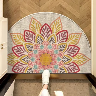 【聚時柚】類亞麻繁花120*80cm落塵吸水玄關半圓腳踏墊(仿亞麻印花橡膠地墊)