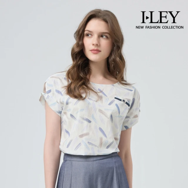 ILEY 伊蕾 絲巾風印花縲縈翻領上衣(卡其；M-2L；12