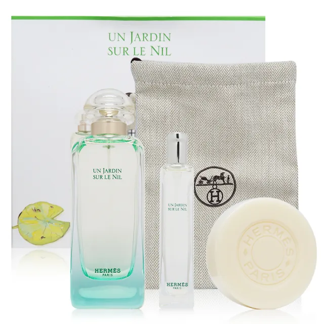 【Hermes 愛馬仕】尼羅河花園淡香水旅行套組禮盒-100ml+15ml+香皂50g+H帆布袋(平行輸入)
