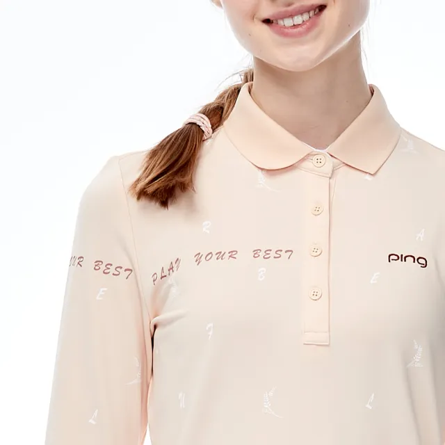【PING】女款麥穗印花吸濕排汗薄長袖POLO衫-黃(GOLF/高爾夫球衫/RA23207-35)