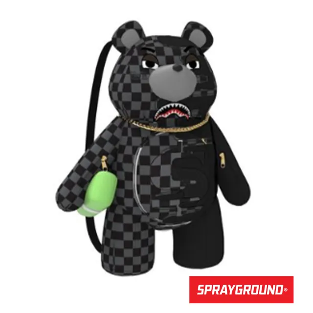 【SPRAYGROUND】拚色棋盤格泰迪熊後背包(黑色)