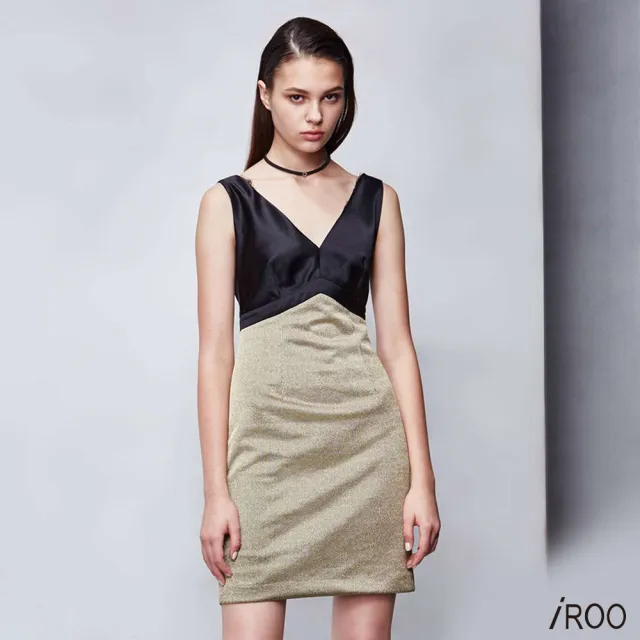 【iROO】黑緞拼接金色針織短禮服