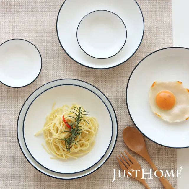 【Just Home】簡約純白藍邊陶瓷6件餐盤組-可微波(湯盤+調味碟)