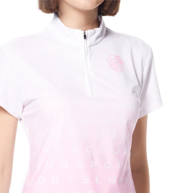 【Lynx Golf】女款吸溼排汗機能漸層色系盾牌造型印花下擺開叉短袖立領POLO衫/高爾夫球衫(白/粉色)