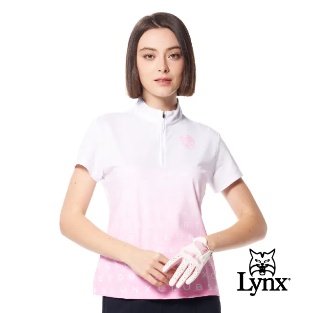 【Lynx Golf】女款吸溼排汗機能漸層色系盾牌造型印花下擺開叉短袖立領POLO衫/高爾夫球衫(白/粉色)