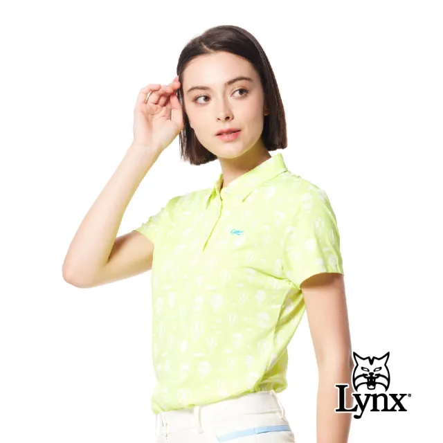 【Lynx Golf】女款吸溼排汗機能螢光色系熱氣球嘉年華印花短短袖POLO衫/高爾夫球衫(螢光黃色)