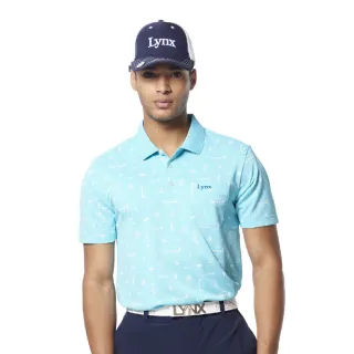【Lynx Golf】男款吸溼排汗機能羅紋領造型滿版高爾夫印花胸袋款短袖POLO衫/高爾夫球衫(藍綠色)