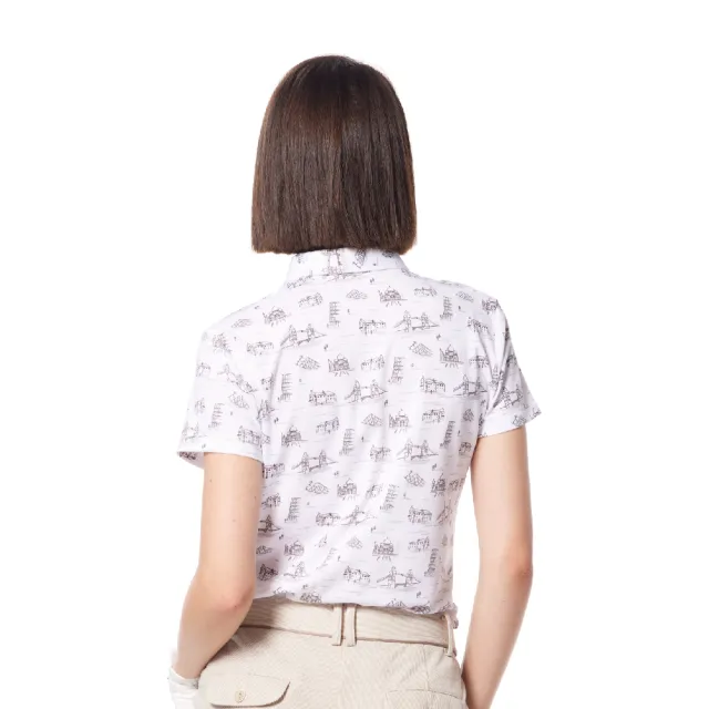 【Lynx Golf】女款吸溼排汗機能滿版觀光景點圖樣Lynx繡花短袖POLO衫/高爾夫球衫(白色)