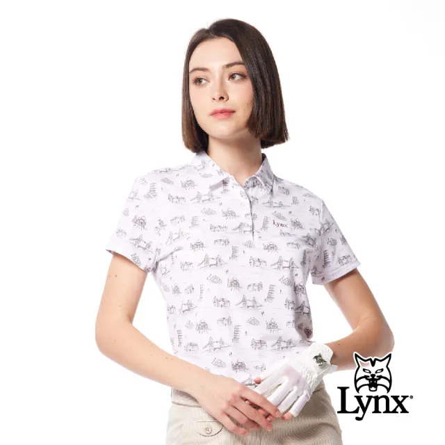【Lynx Golf】女款吸溼排汗機能滿版觀光景點圖樣Lynx繡花短袖POLO衫/高爾夫球衫(白色)