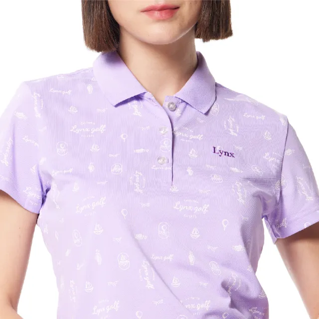 【Lynx Golf】女款吸溼排汗機能羅紋領造型滿版高爾夫印花短袖POLO衫/高爾夫球衫(淺紫色)