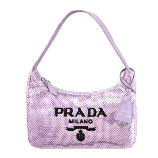【PRADA 普拉達】Re-edition 2000 品牌LOGO輕量尼龍亮片手提包肩背包(粉紫)