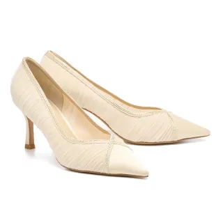 【AS 集團】奢華高雅純色燙鑽網紗尖頭高跟鞋(米)